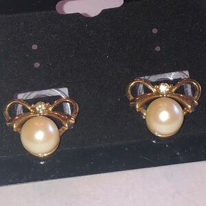 Crystaline Brand Vintage Gold Tone Faux Pearl Dainty Bow Stud Earrings